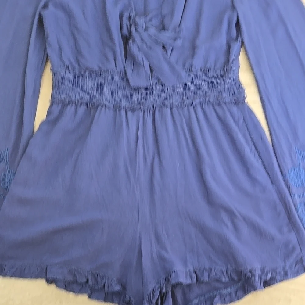 Francesca's Blue Rain Navy Embroidered Long sleeve Romper Size L